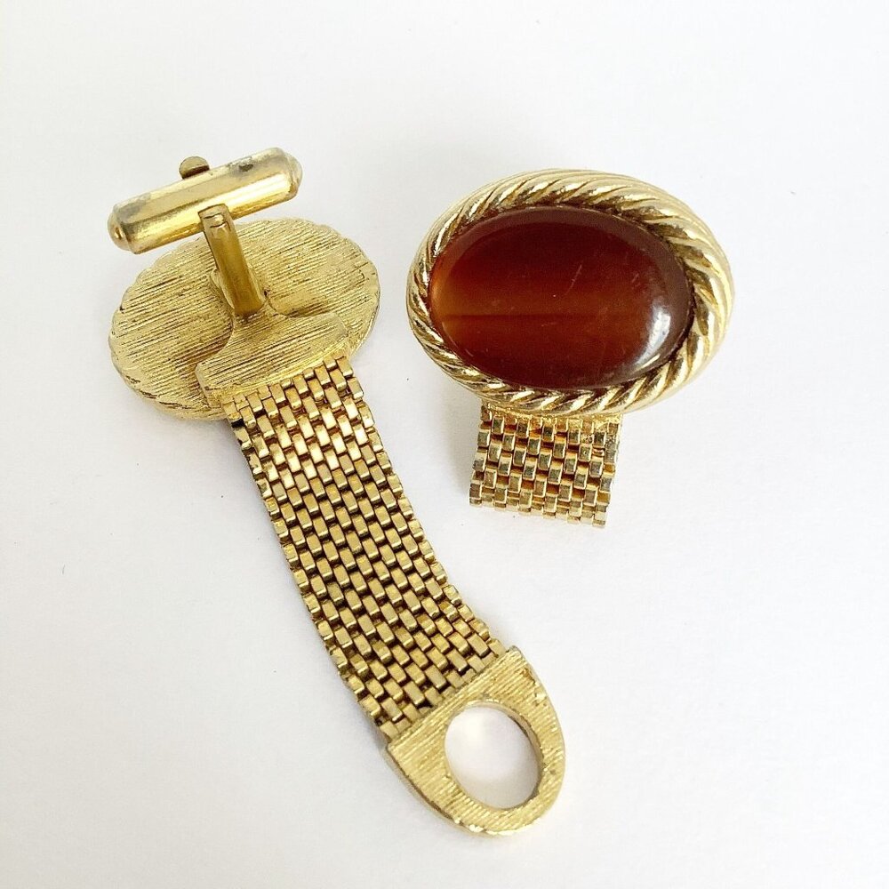 Mid-Century Plastic Cufflinks Brown Gold Tone Mesh Men Accessories Gift For Man - Picture 2 of 3